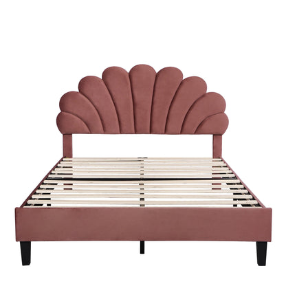 Upholstered Bed with Flower Pattern Velvet Headboard,