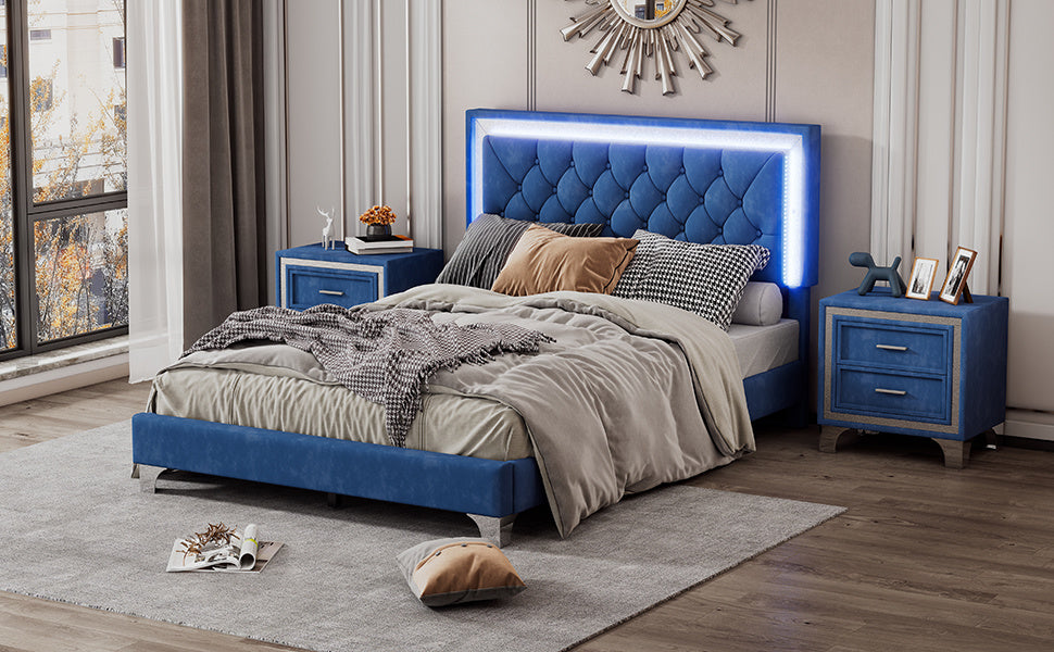 upholstered bed frame with led lights, blue