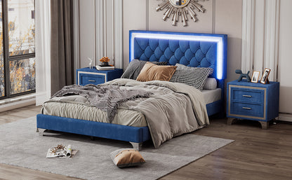 Upholstered Bed Frame with LED Lights, Blue
