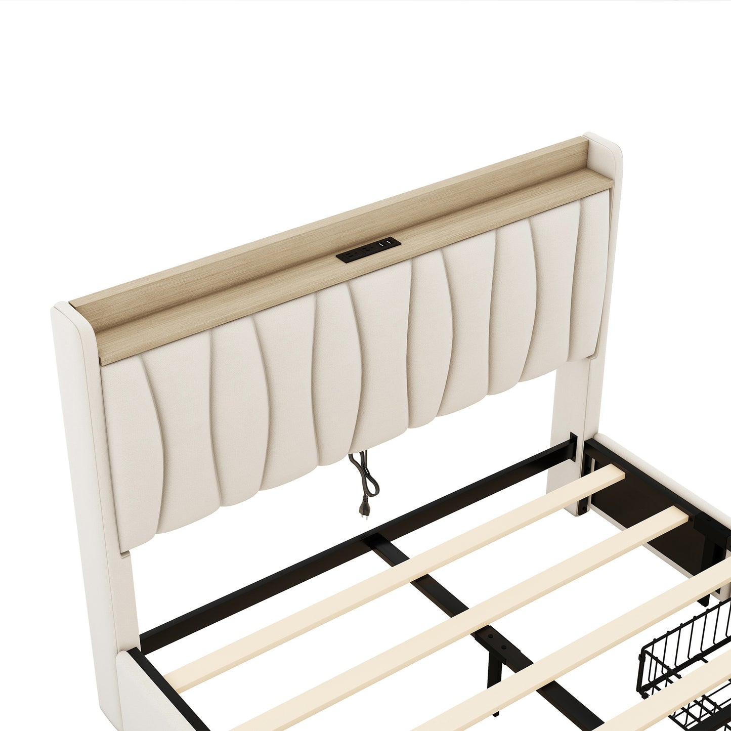 queen size bed frame with storage headboard and charging station, beige
