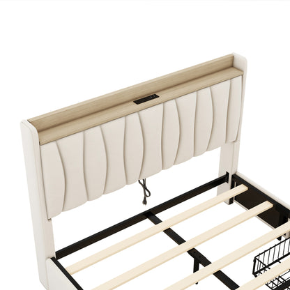 Queen Size Bed Frame with Storage Headboard and Charging Station, Beige