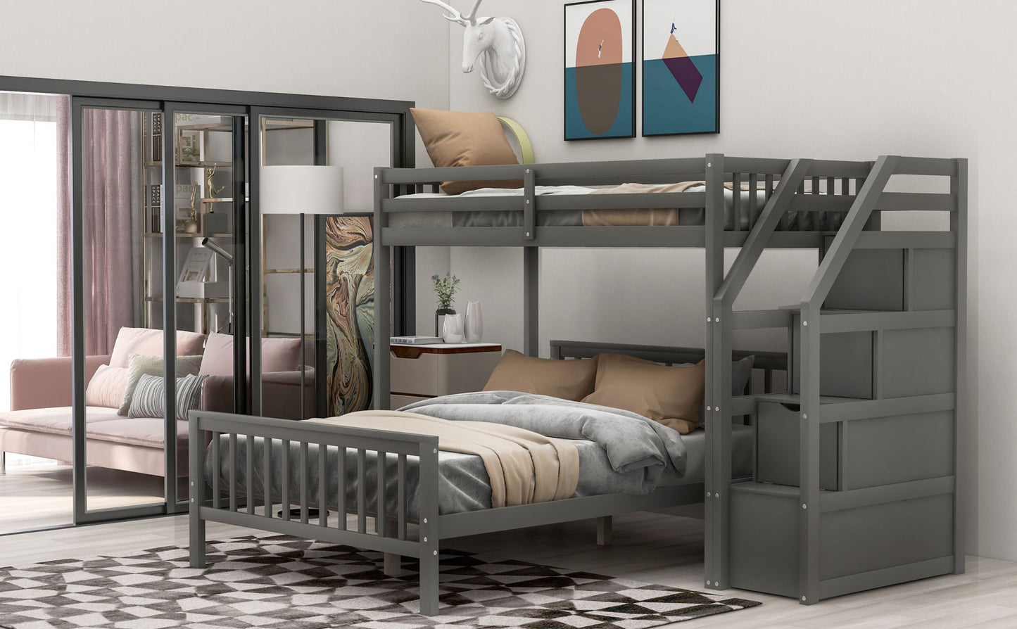 twin over full loft bed with staircase,gray