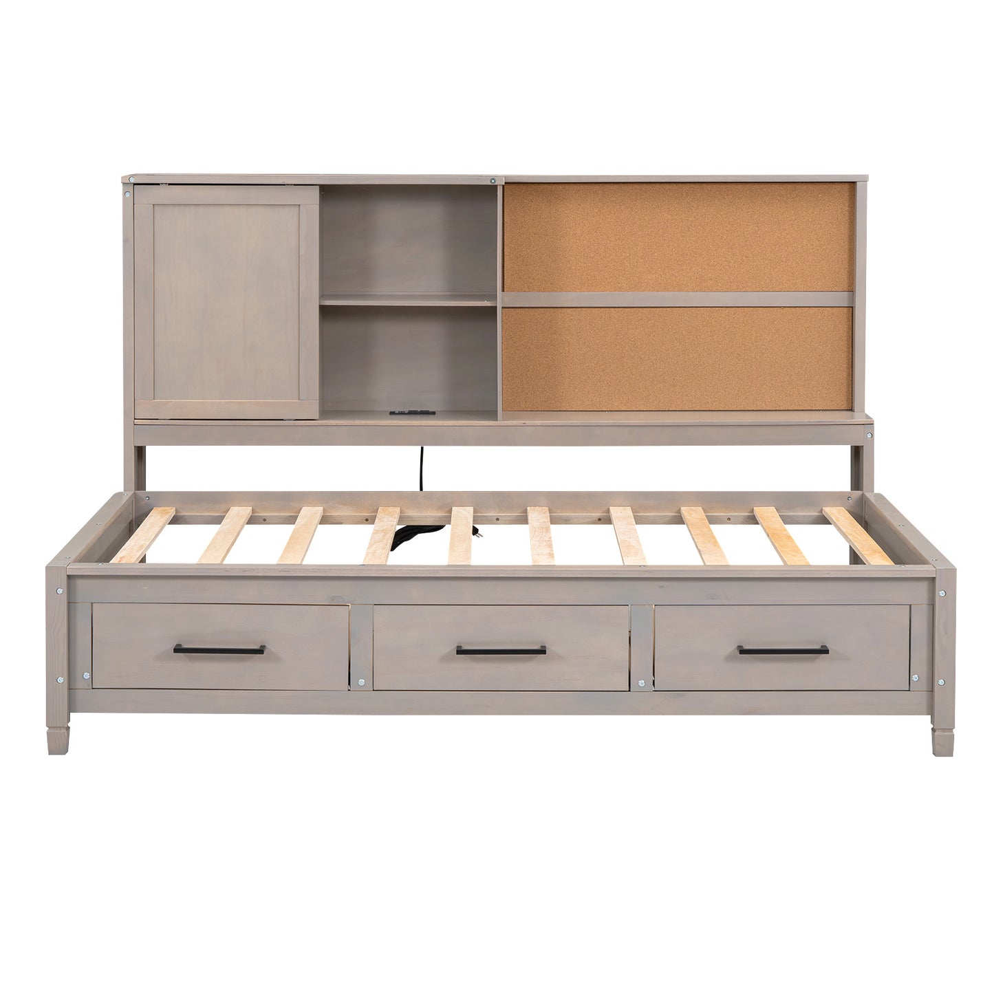 twin size lounge daybed with storage shelves, cork board, usb ports and 3 drawers, antique gray