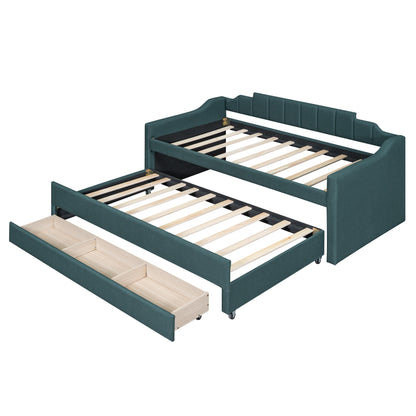 Eli Upholstered Daybed with Trundle and Three Drawers, Green