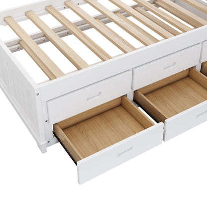 Wooden Captain Bed with Trundle and Nightstand, White+Walnut