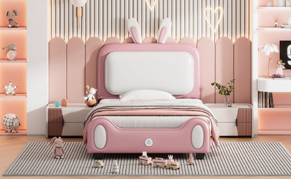 Upholstered Rabbit-Shape Princess Bed, White+Pink