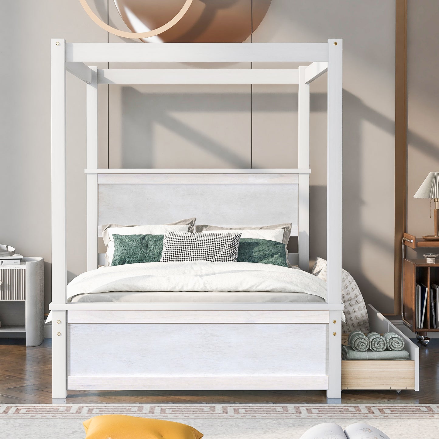 wood canopy bed with two drawers, white
