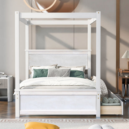 Wood Canopy Bed with two Drawers, White