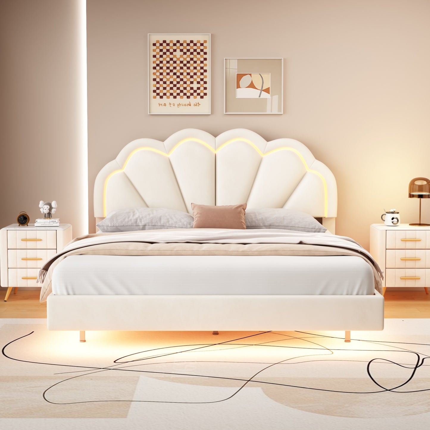 floating velvet elegant smart led platform bed