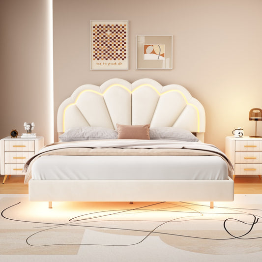 Floating Velvet Elegant Smart LED Platform Bed