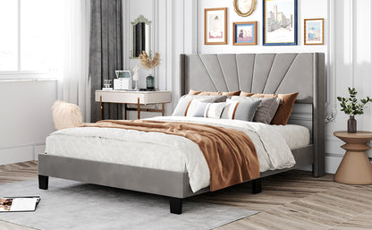 Queen Size Velvet Upholstered Platform Bed, Grey
