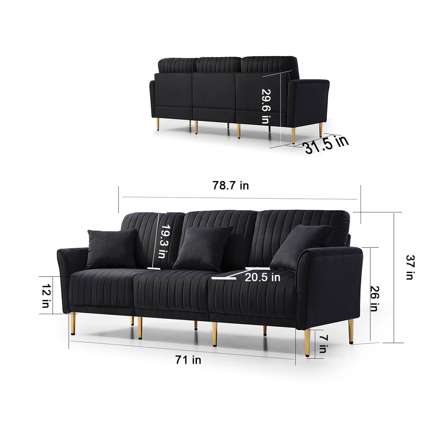 3 pieces sectional sofa set, black velvet