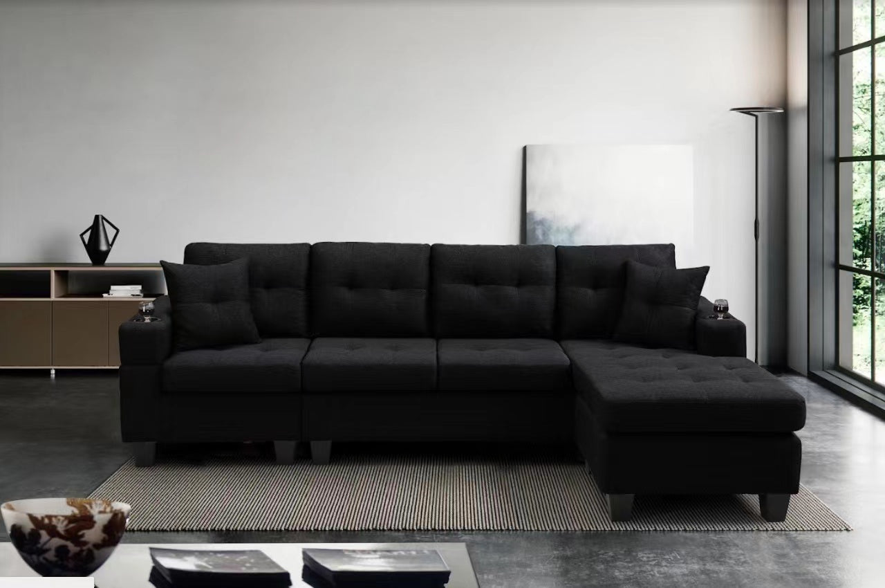 right sectional sofa with footrest, black