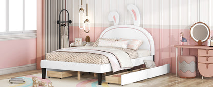 Upholstered Leather  Bed with Rabbit Ornament and 4 Drawers, White