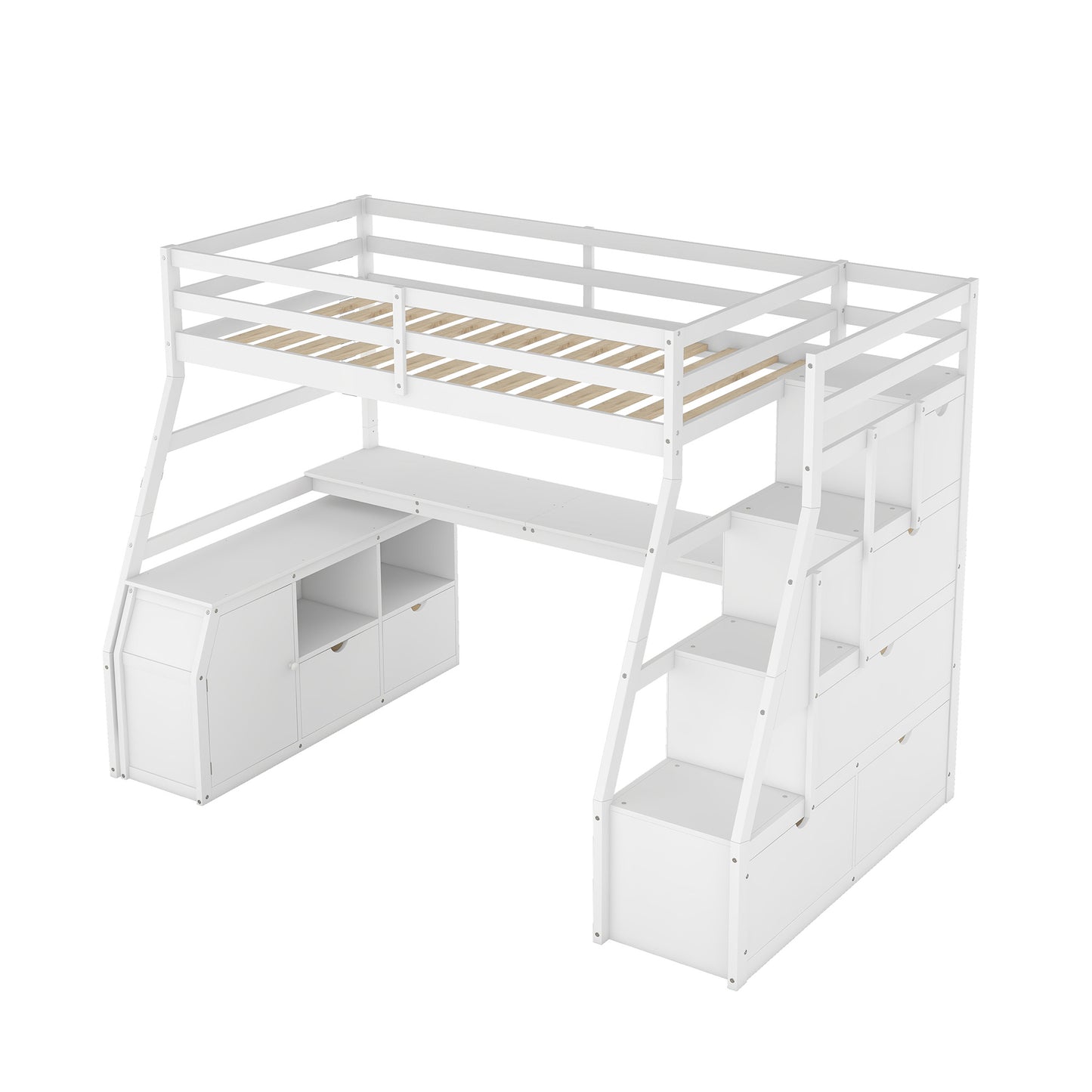 twin size loft bed with 7 drawers 2 shelves and desk - white