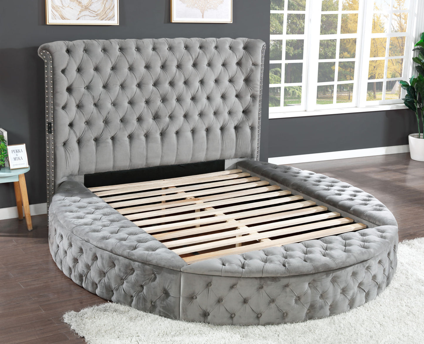 hazel queen size tufted storage bed made with wood in gray