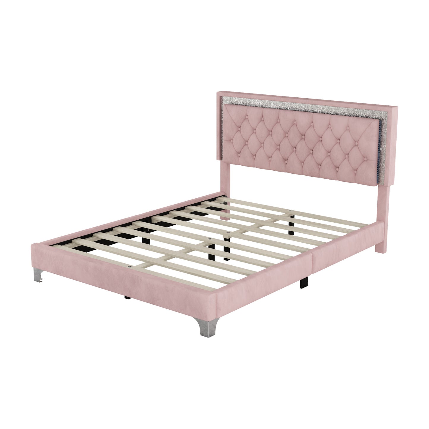 upholstered velvet bed frame with led lights, pink