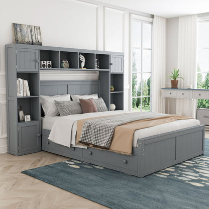 Elegant and Functional Bed with 4 Drawers and All-in-One Cabinet and Shelf, Grey