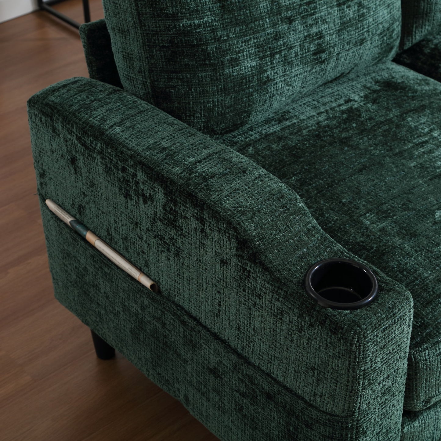 zara storage/ cupholder sectional sofa, green