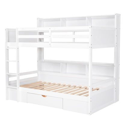 Twin Size Bunk Bed with Built-in Shelves, White