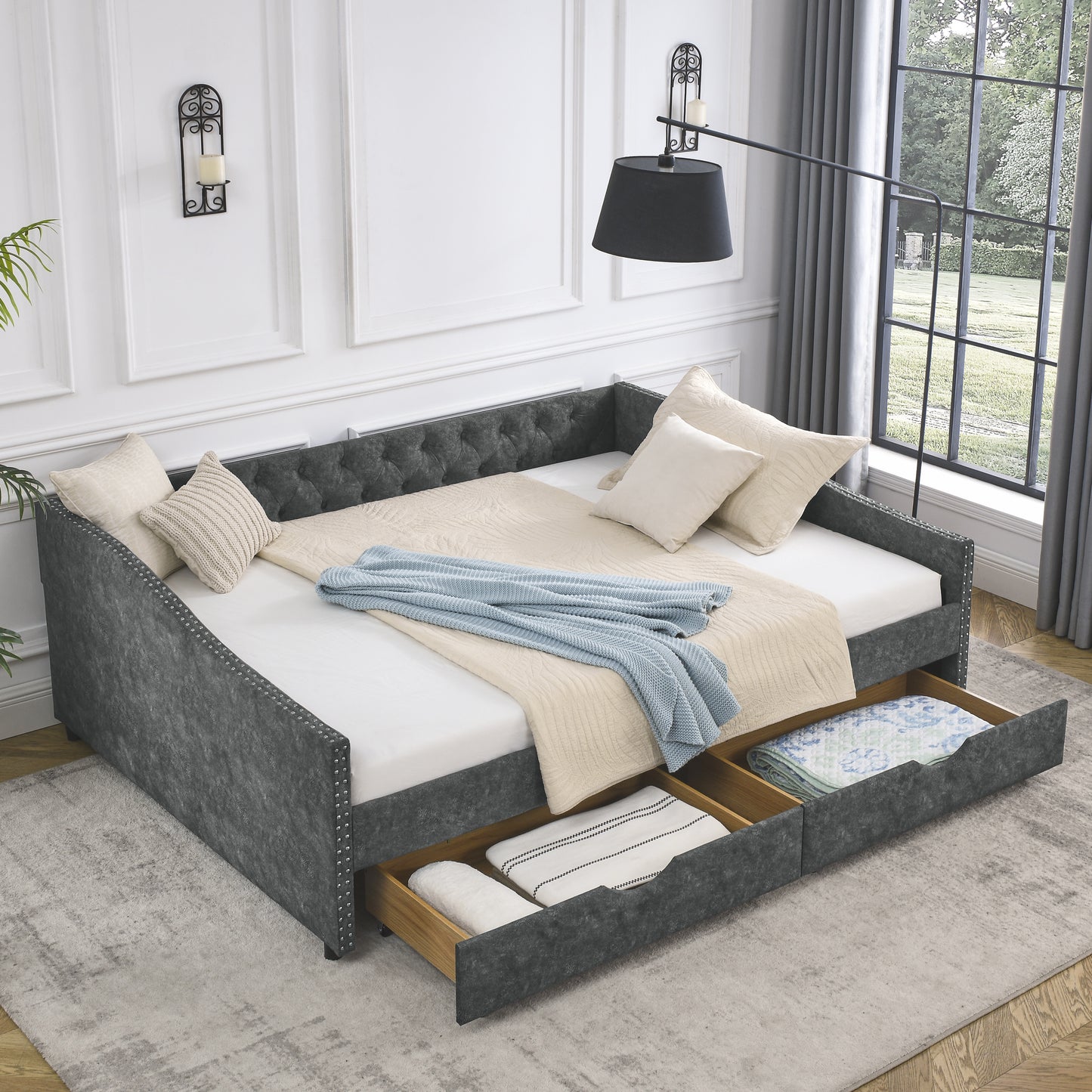 upholstered tufted daybed sofa bed with drawers, grey