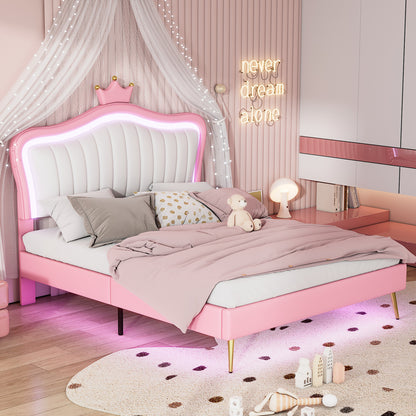 Modern Upholstered Princess Bed With Crown Headboard and LED Lights, White+Pink