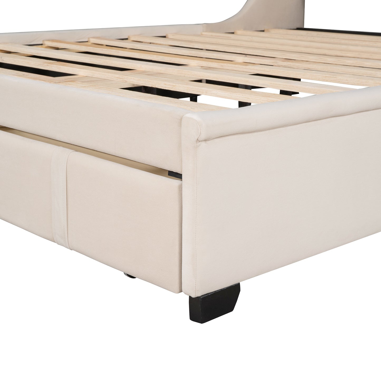 modern velvet upholstered platform bed with wingback headboard and a big drawer