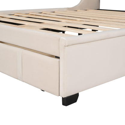 Modern Velvet Upholstered Platform Bed with Wingback Headboard and a Big Drawer