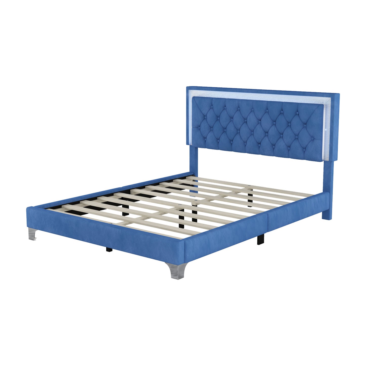 3-pieces upholstered platform bed with led lights and two nightstands-blue