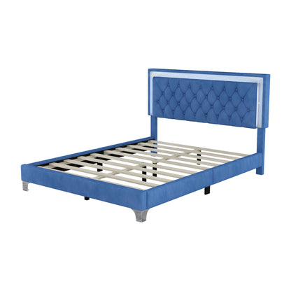 3-Pieces Upholstered Platform Bed with LED Lights and Two Nightstands-Blue
