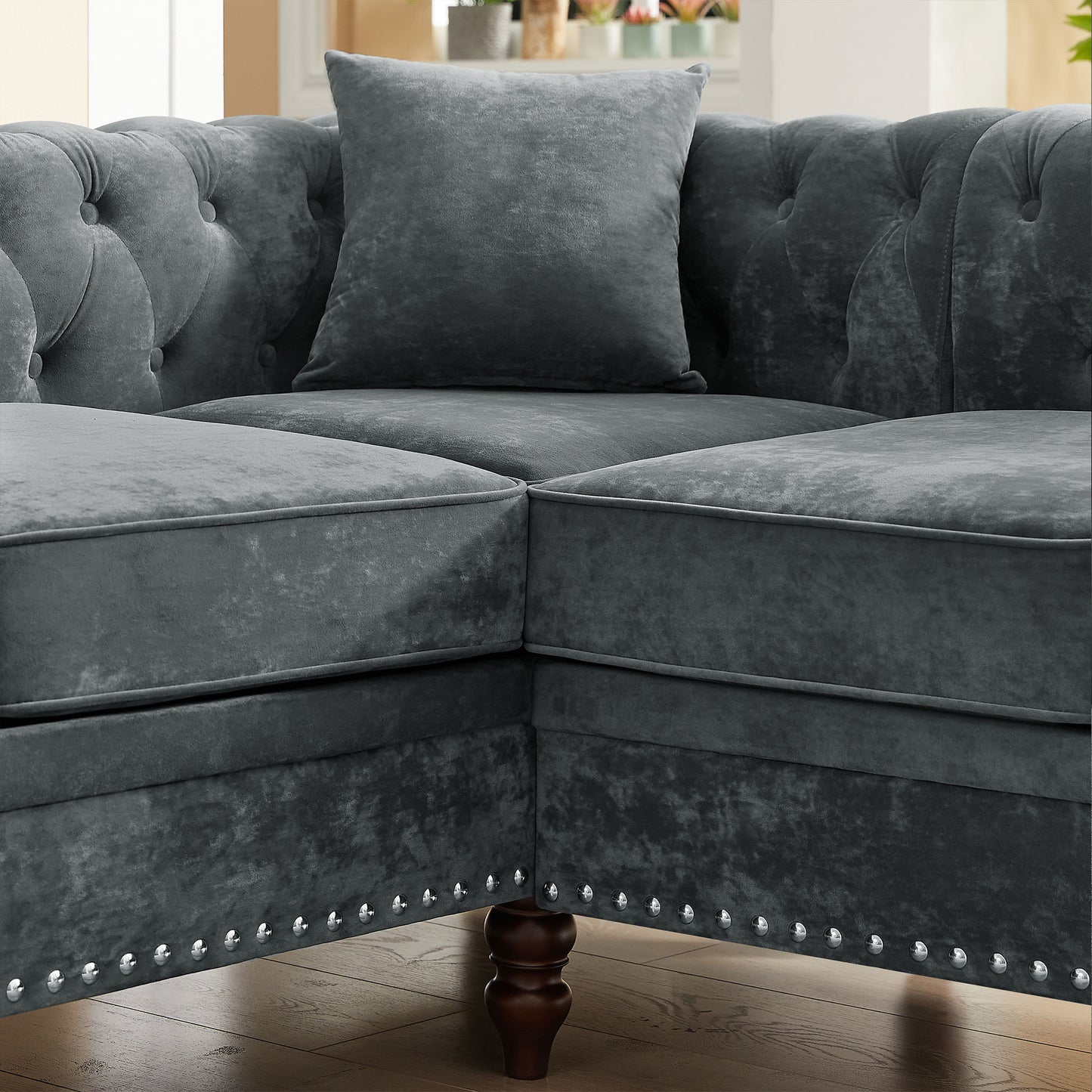 moe upholstered sectional, grey velvet