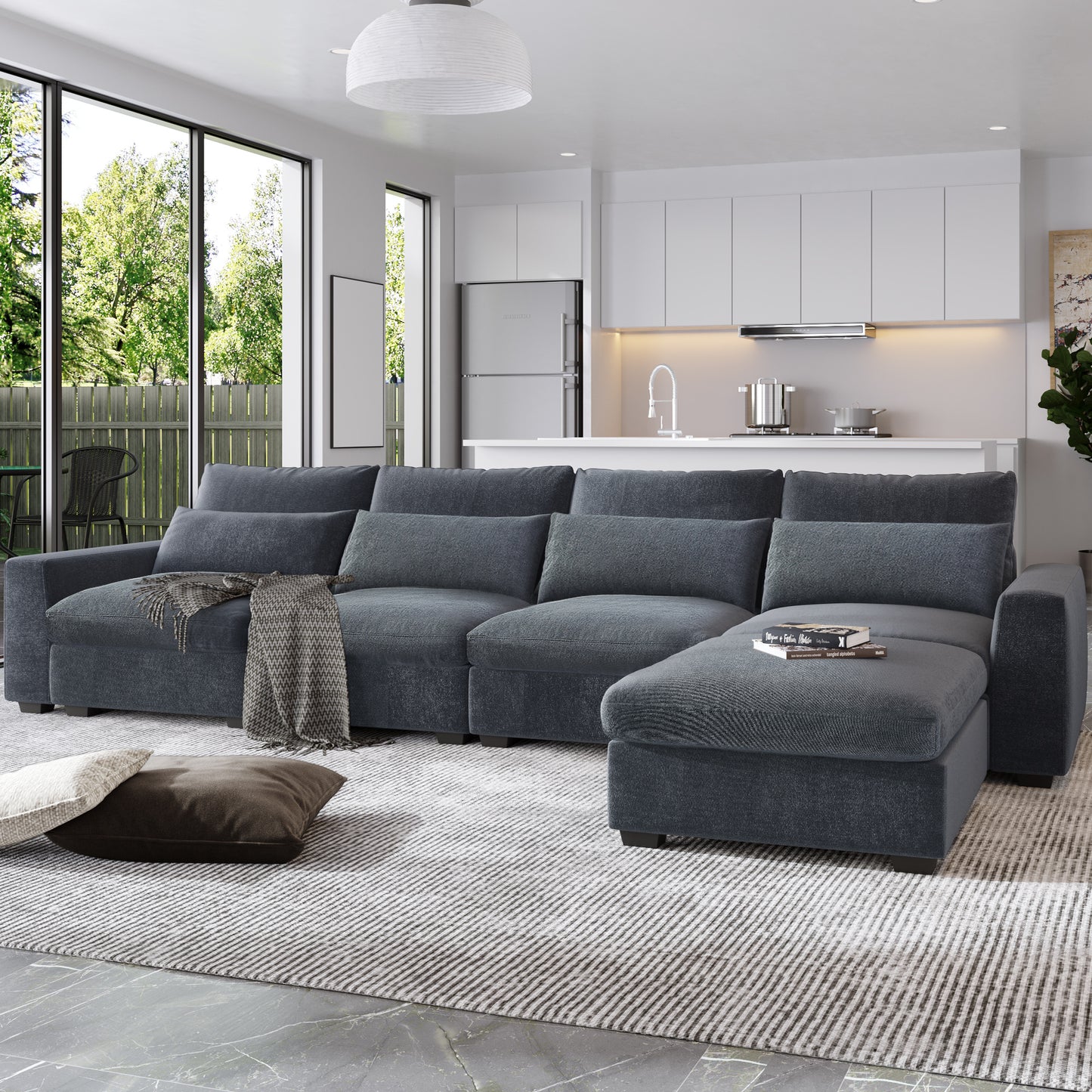 u_style modern large l-shape feather filled sectional set, grey