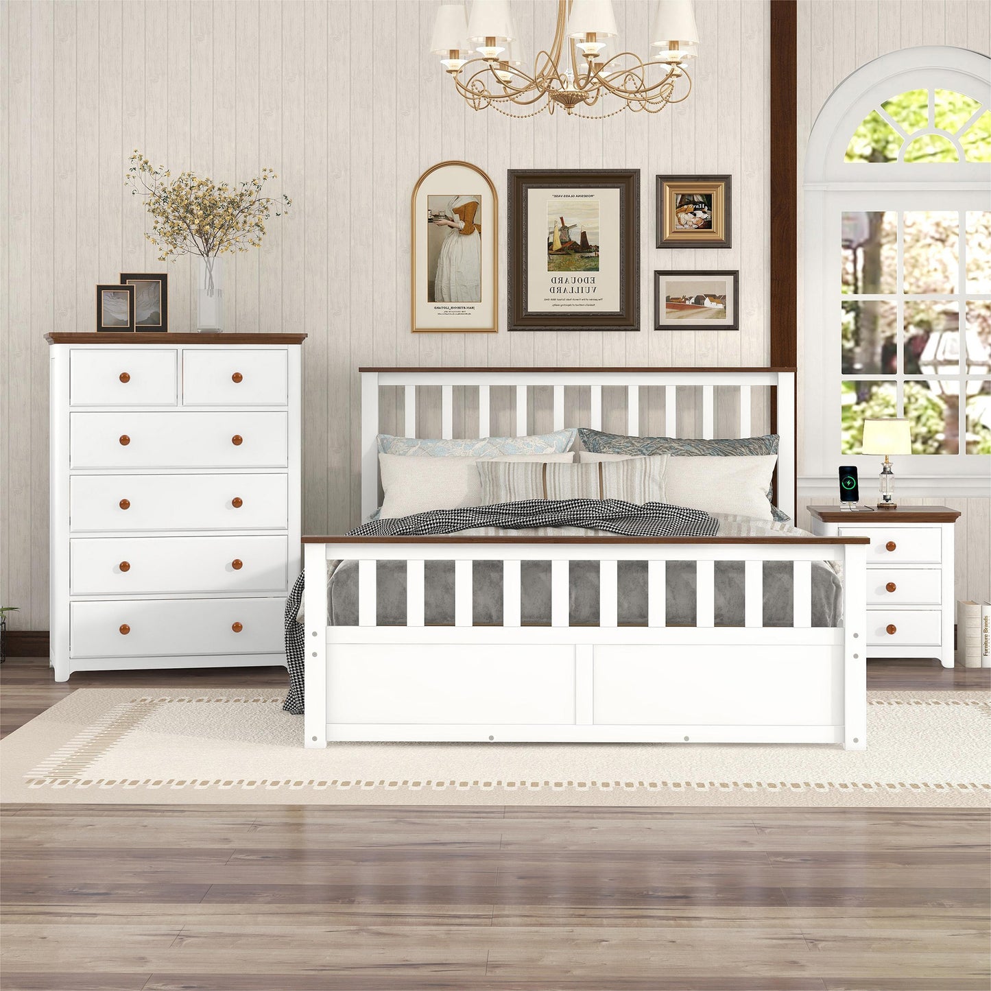 3-pieces bedroom sets  with nightstand(usb charging ports) and storage chest,white+walnut