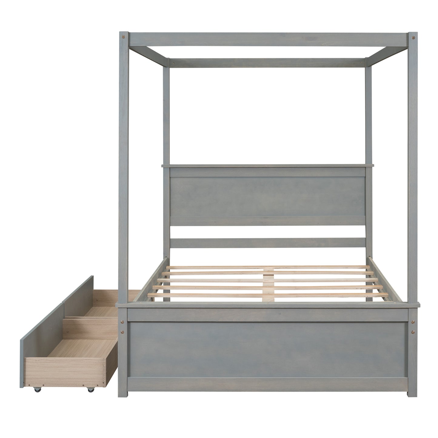 wood canopy bed with two drawers, grey