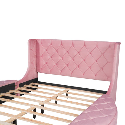 Upholstered Velvet Platform Bed with Wingback Headboard and 1 Big Drawer; 2 Side Storage Stool