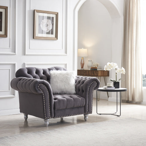 3 piece living room sofa set with 5 white villose pillow, grey