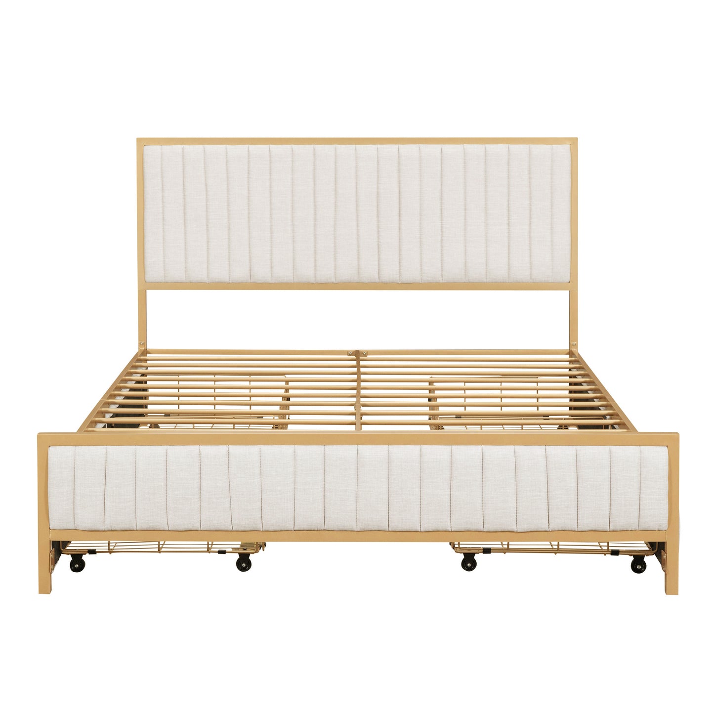 queen size metal frame upholstered bed with 4 drawers, linen fabric, beige