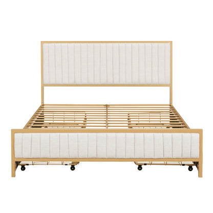 Queen Size Metal Frame Upholstered Bed with 4 Drawers, Linen Fabric, Beige