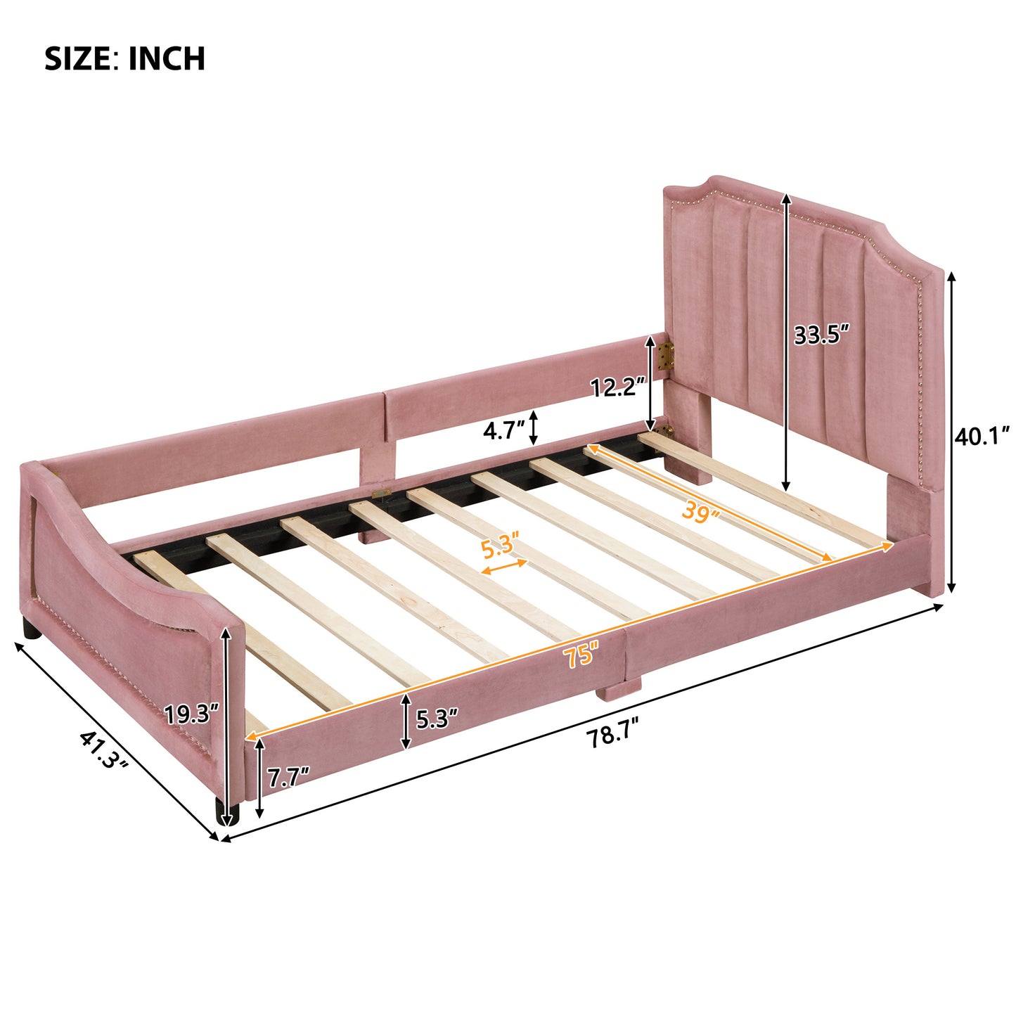 twin size upholstered daybed with classic stripe shaped headboard, pink