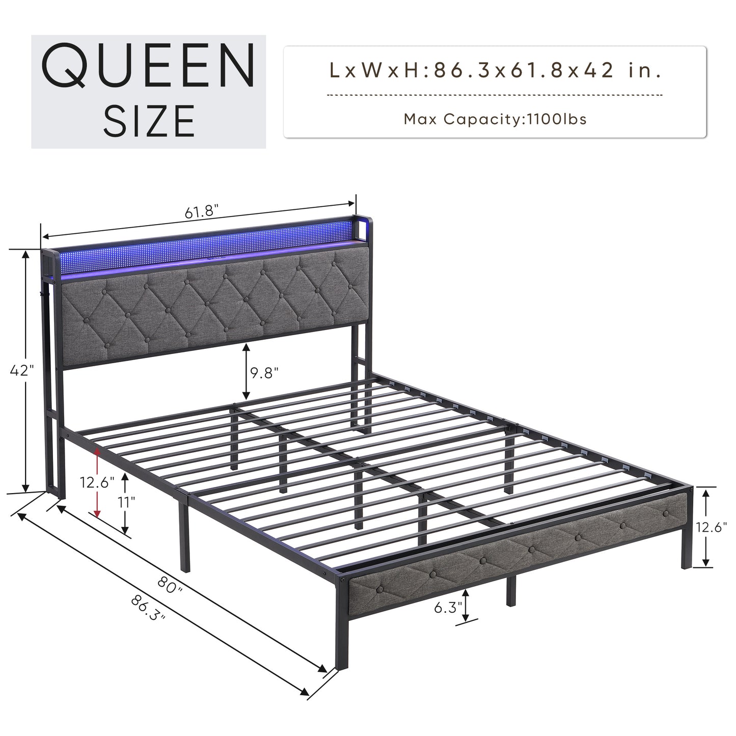 queen bed frame with storage headboard, charging station and led lights,dark gray