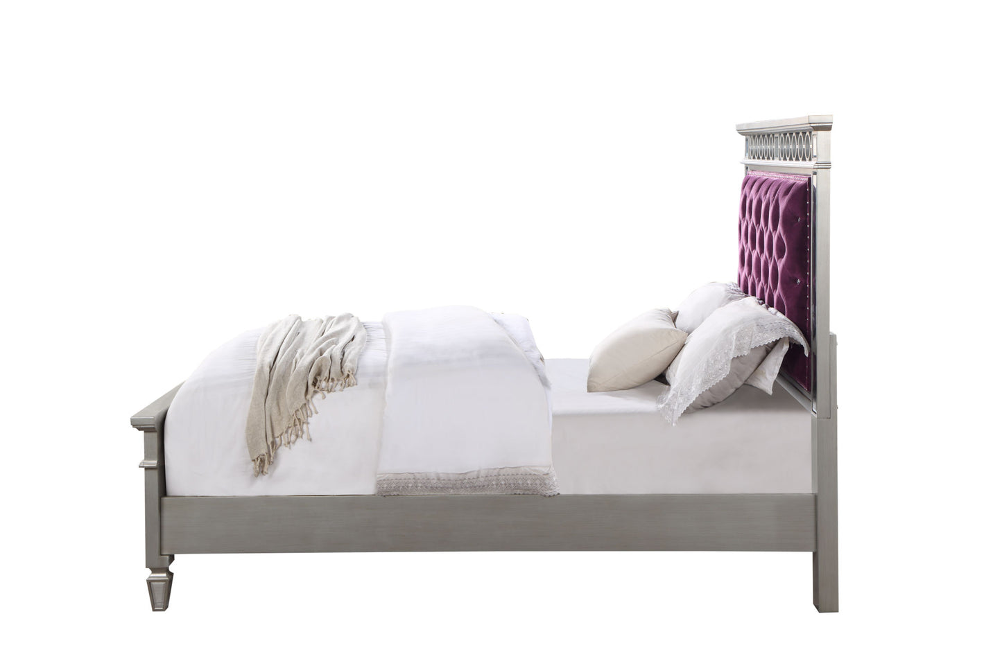 acme varian burgundy velvet, silver & mirrored bed