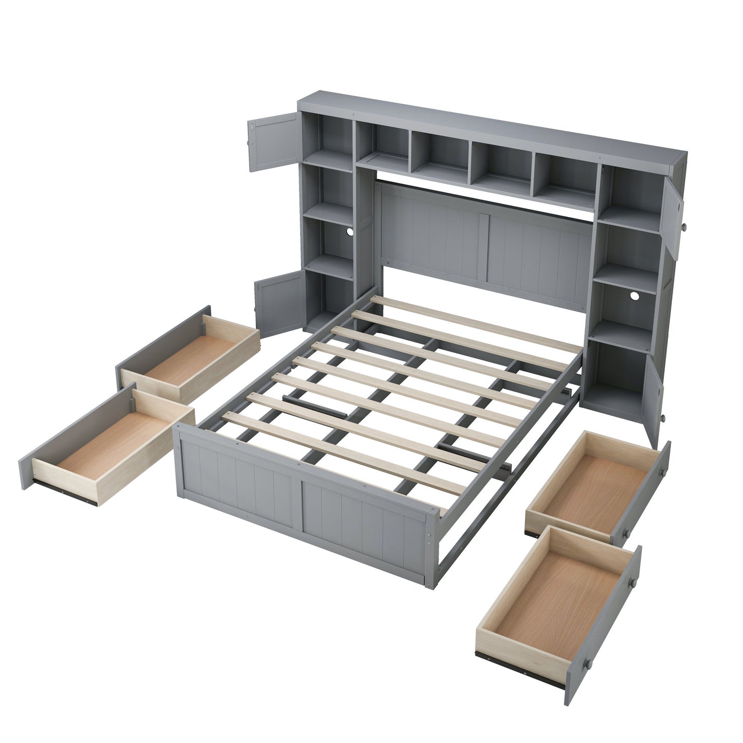 elegant and functional bed with 4 drawers and all-in-one cabinet and shelf, grey