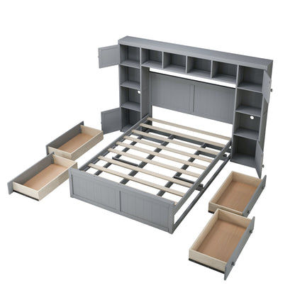 Elegant and Functional Bed with 4 Drawers and All-in-One Cabinet and Shelf, Grey