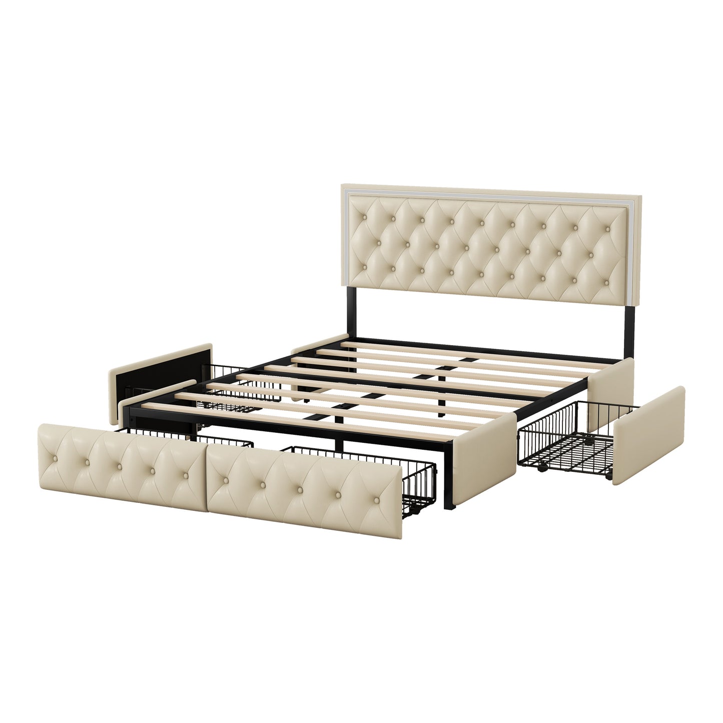 upholstered leather led headboard bed frame with 4 storage drawers, beige