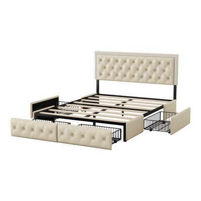 Upholstered Leather LED Headboard Bed Frame with 4 Storage Drawers, Beige
