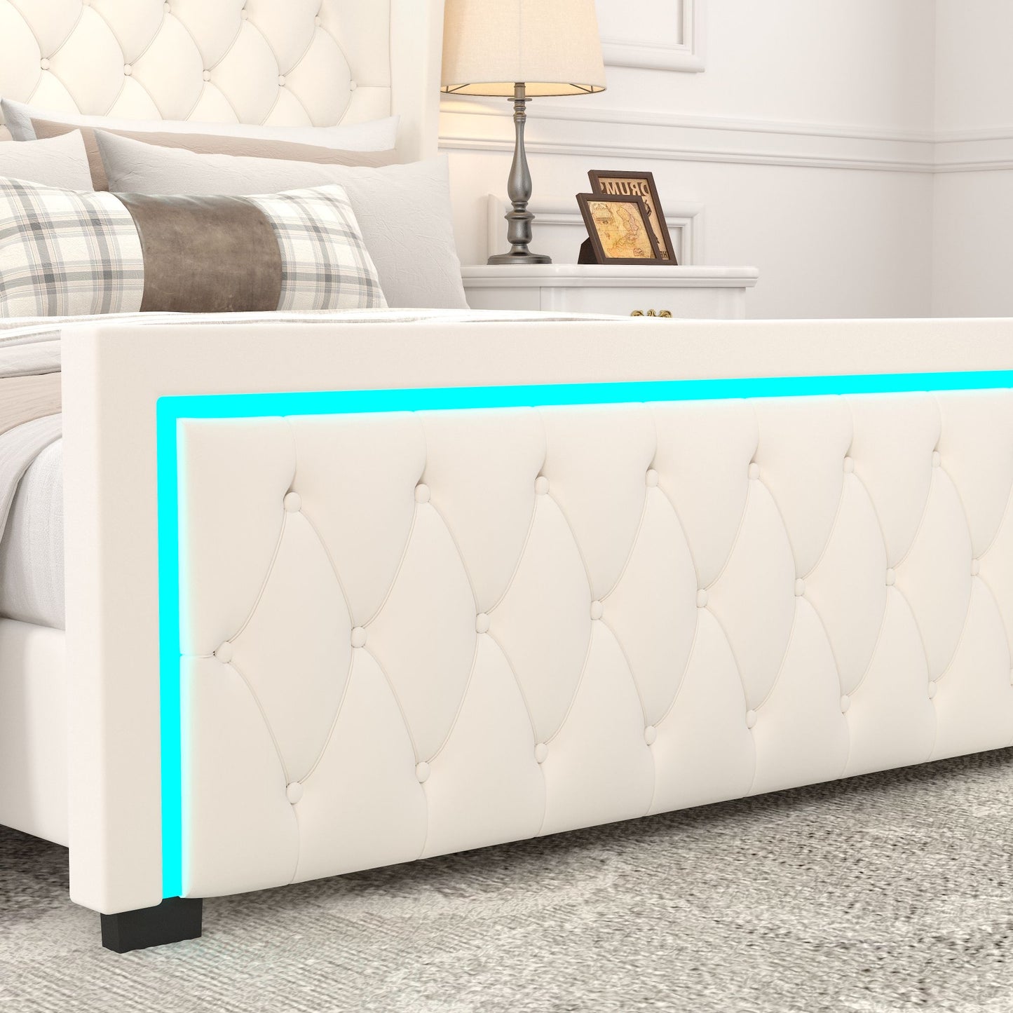 velvet upholstered bed with deep tufted buttons & adjustable colorful led light, beige