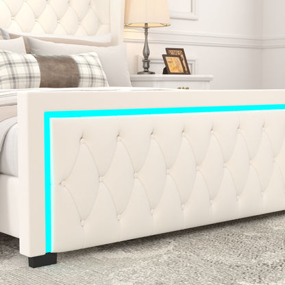 Velvet Upholstered Bed with Deep Tufted Buttons & Adjustable Colorful LED Light, Beige