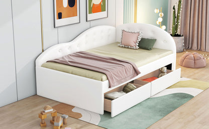 Upholstered Tufted Bed with Two Drawers and Cloud Shaped Guardrail, White