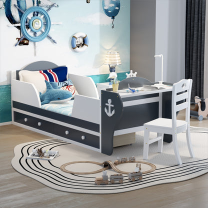 Boat-Shaped Platform Bed with Two Drawers, Desk and Chair, White+Gray