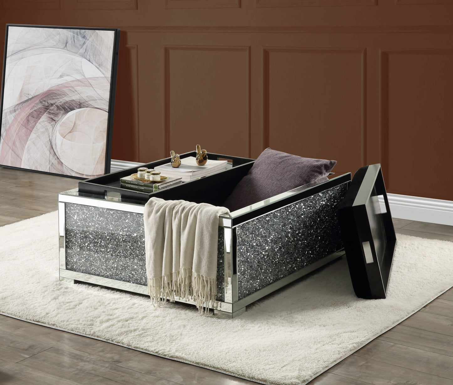 acme noralie ottoman w/storage mirrored & faux diamonds